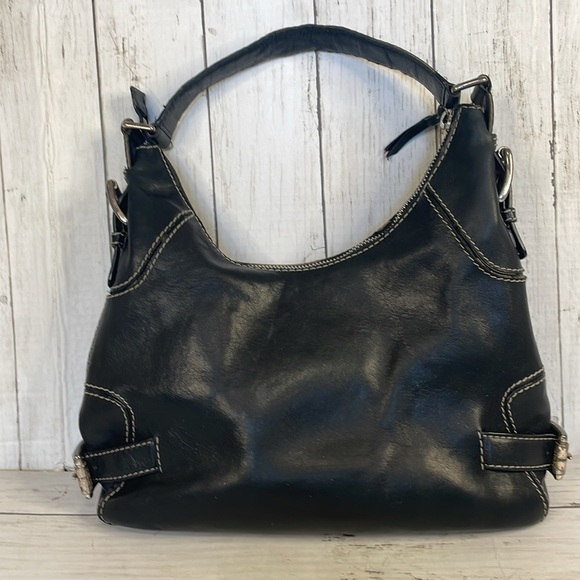 Michael Kors Black Leather Shoulder Bag w/White Contrast Stitching - Picture 1 of 14